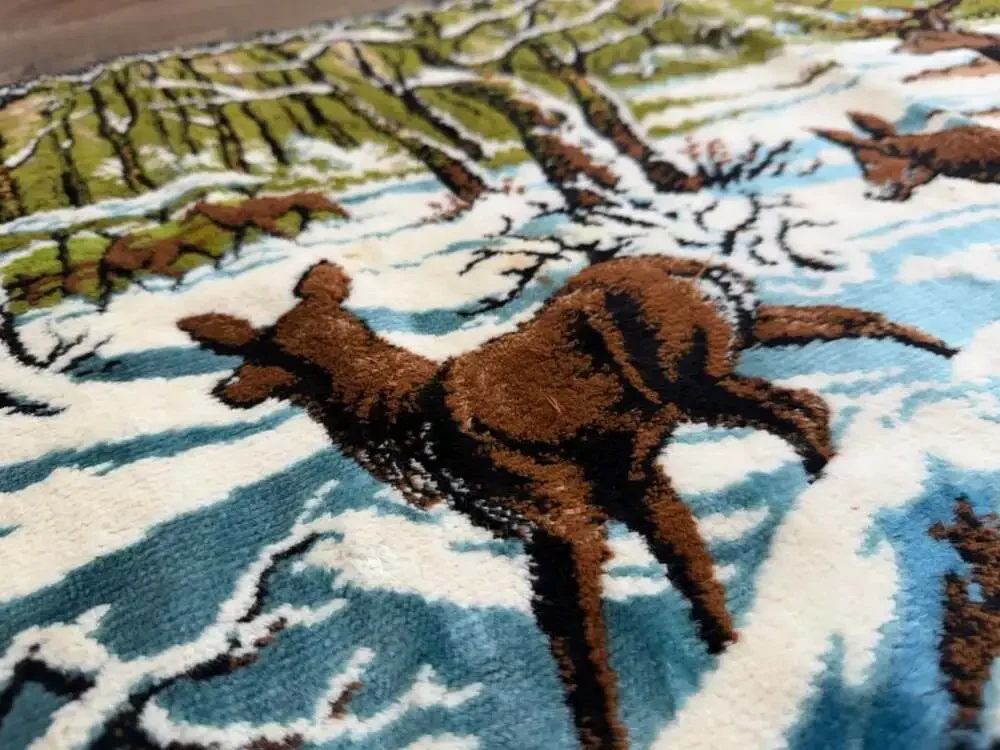 Vintage Velvet Deer Tapestry Winter Landscape Wall Hanging Rug Italian Made
